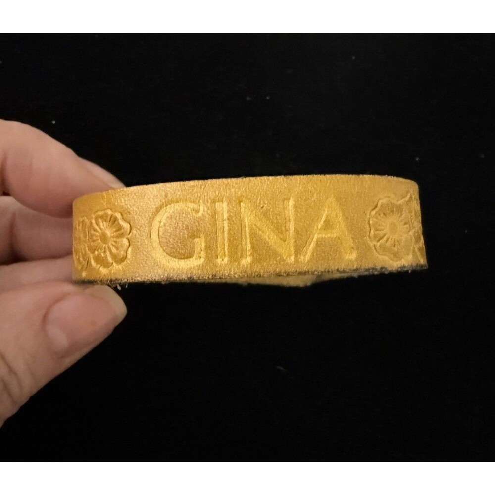 Vintage Genuine Leather Name Bracelet "Gina" 1970's Adjustable Snap 8" end-end